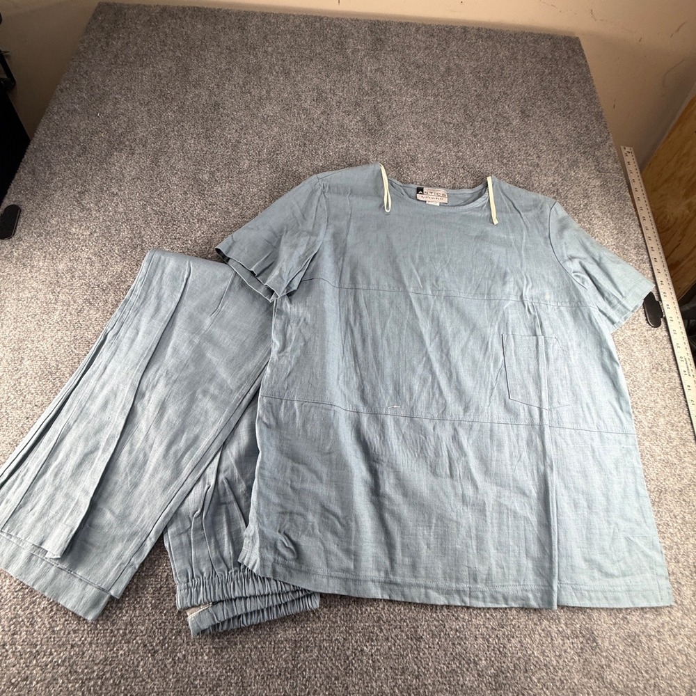 Antics by Steven Ross Blue Linen Cotton 2 Piece Set Top Pants Large Made in USA
